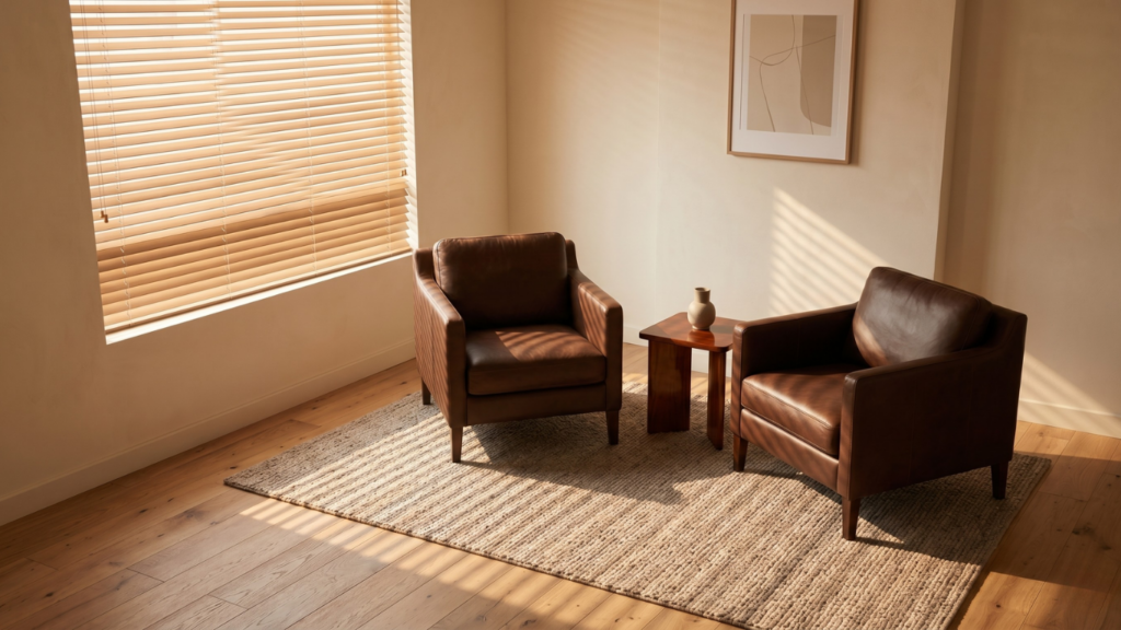 A warm, minimal consultation room with two leather chairs and a small side table bathed in soft natural light, representing the premium wellness and longevity consultation experience available through medical tourism in Thailand in 2026.