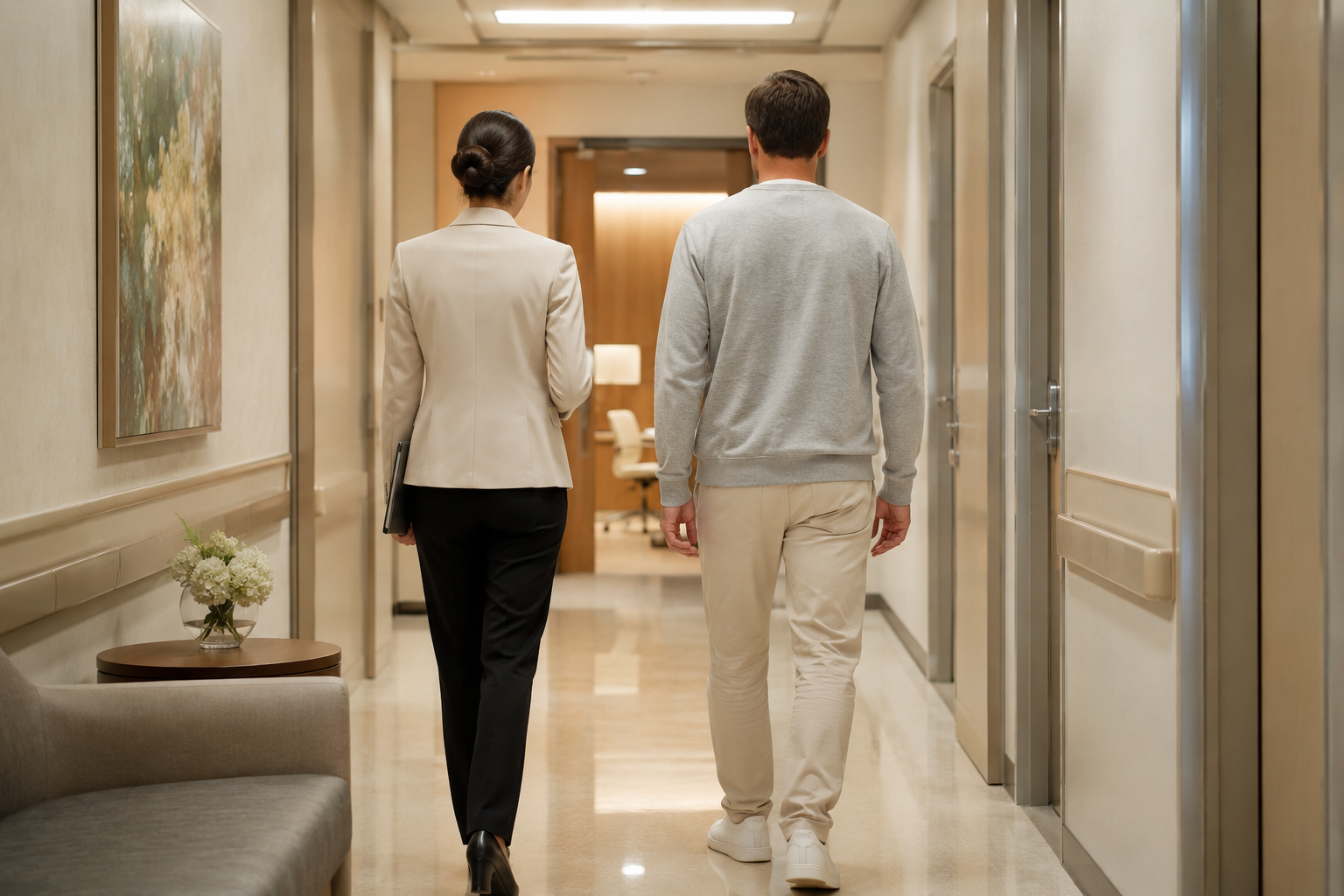 A Zenify BKK medical concierge walking alongside a patient down a private hospital corridor in Bangkok, Thailand, heading toward a consultation room.