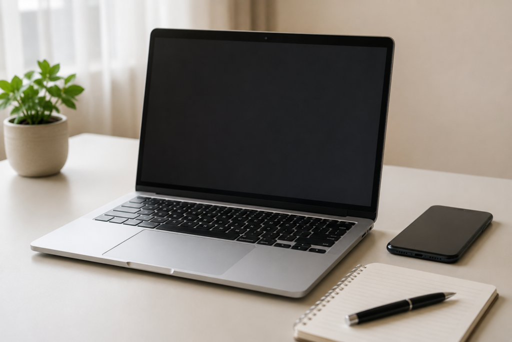 An open laptop, notepad, pen, and smartphone on a clean white desk — representing the research and due diligence process involved in vetting a cosmetic surgeon in Bangkok, Thailand.