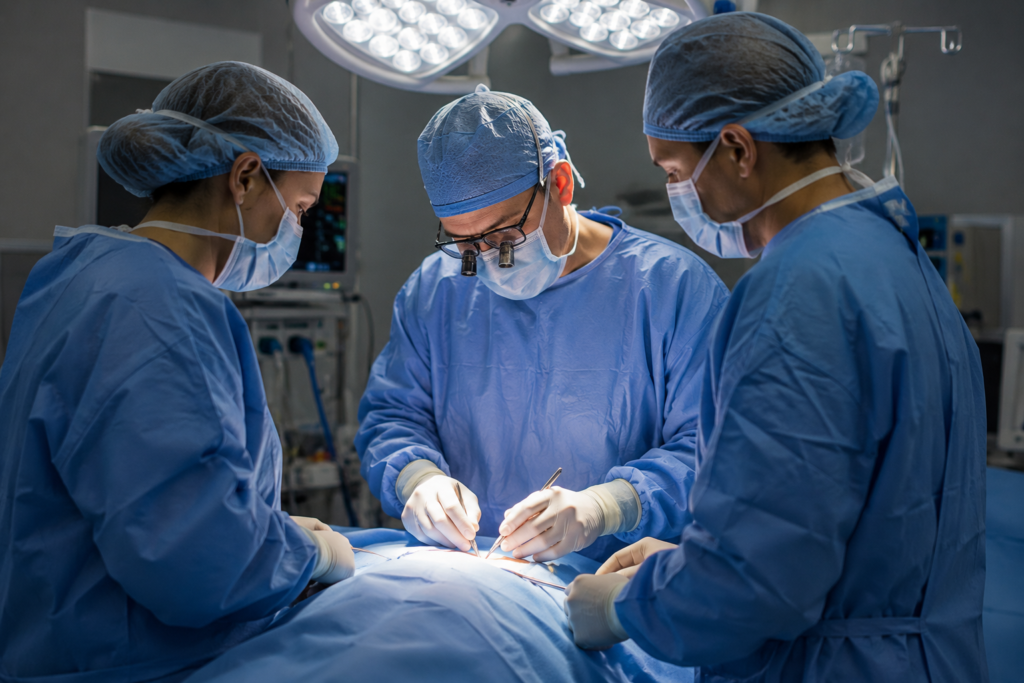 A surgical team of three in full scrubs, masks, and gloves performing a procedure under bright operating theatre lights in Bangkok, Thailand — representing the standard of surgical care at Thailand's accredited private hospitals.