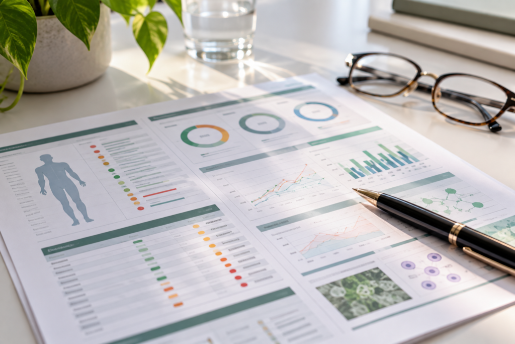 A detailed biological age and biomarker assessment report with health charts, body diagrams, and data visualizations on a white desk beside a pen and glasses, representing comprehensive longevity diagnostics in Bangkok.