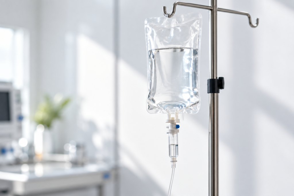 A clear IV drip bag hanging on a stainless steel stand in a bright clinical room, representing NAD+ IV therapy and intravenous longevity treatments available through longevity medicine Bangkok providers in 2026.