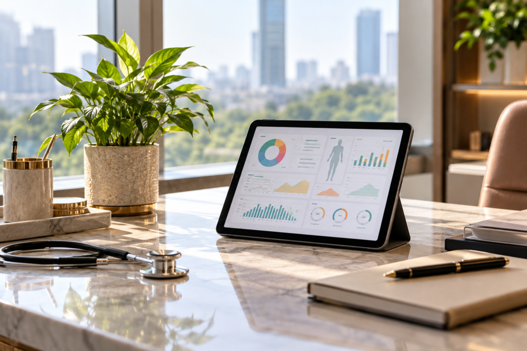 A premium longevity medicine consultation desk in Bangkok with a tablet displaying a comprehensive health data dashboard, a stethoscope, notebook, pen, and a city skyline visible through floor-to-ceiling windows.