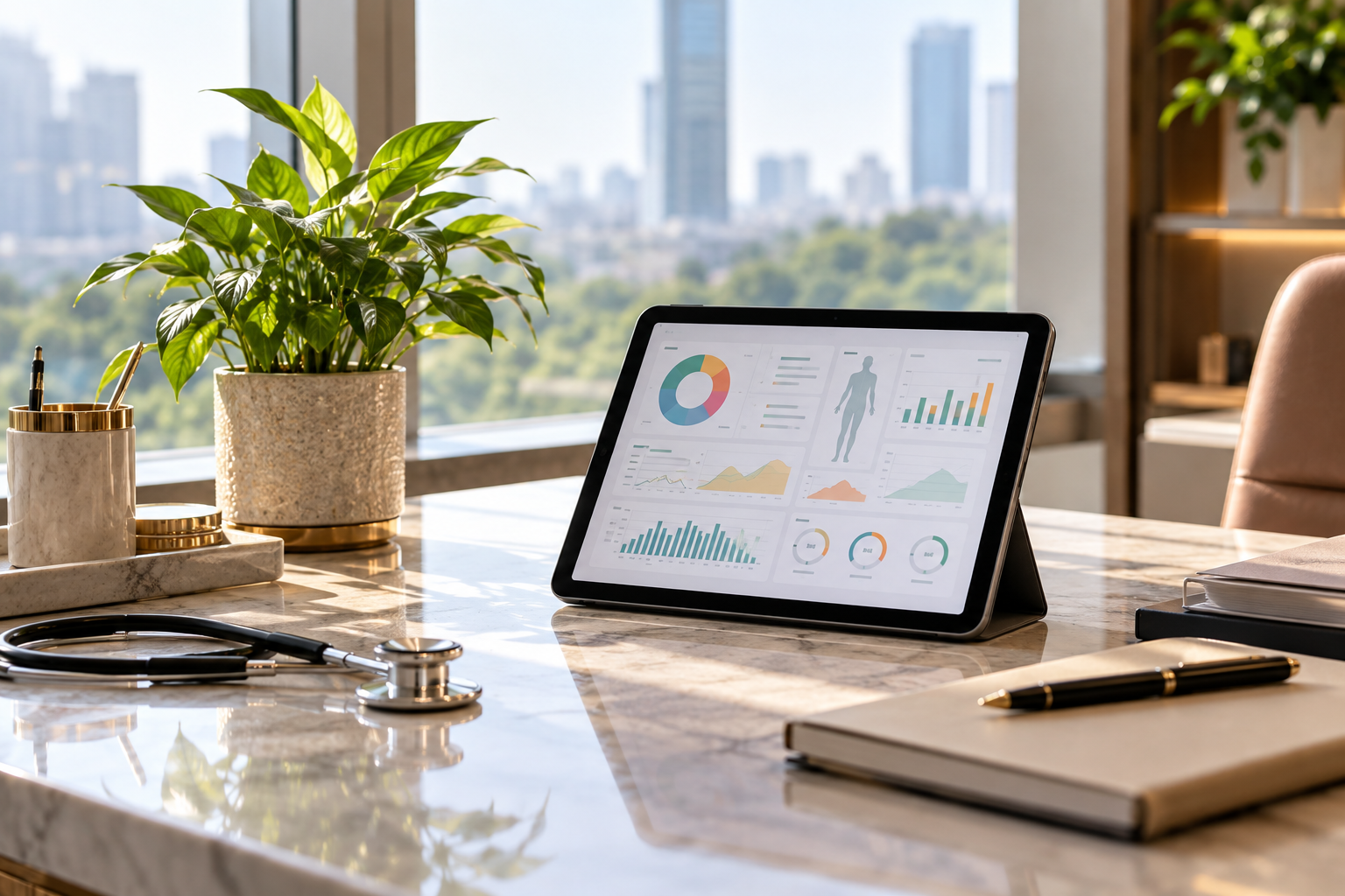 A premium longevity medicine consultation desk in Bangkok with a tablet displaying a comprehensive health data dashboard, a stethoscope, notebook, pen, and a city skyline visible through floor-to-ceiling windows.