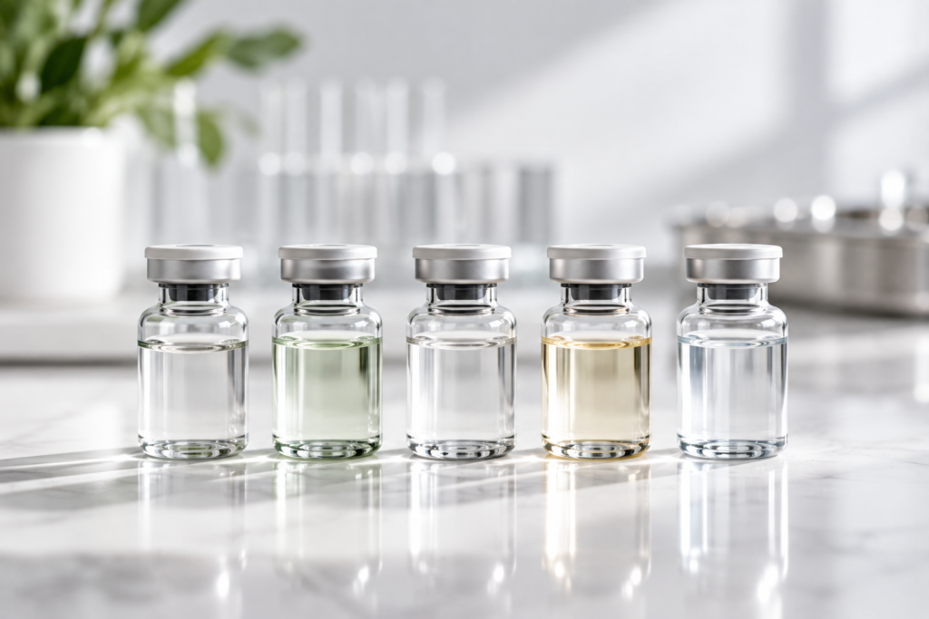 Five clear glass medical vials containing different coloured solutions on a white marble surface, representing the range of peptide and longevity medicine treatments available in Bangkok in 2026.