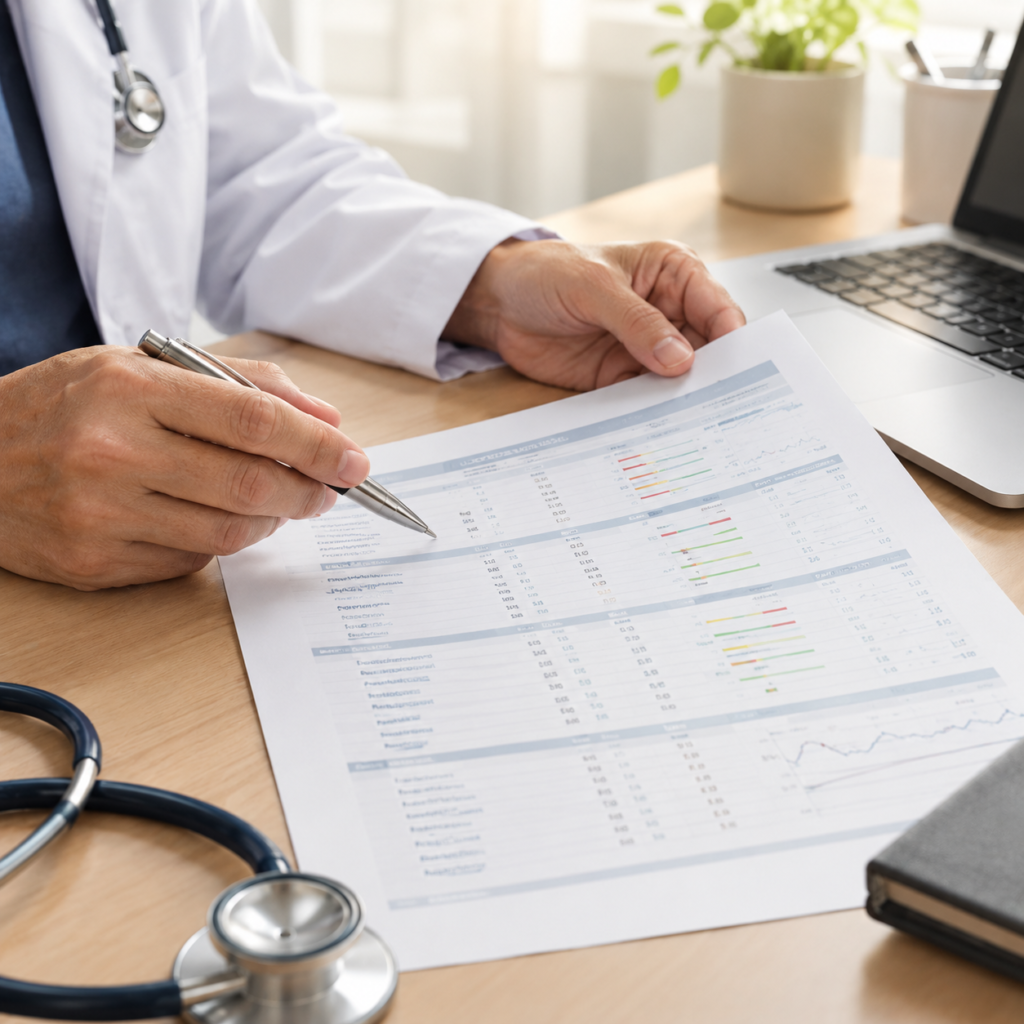 A physician in a white coat reviewing a detailed blood panel and biomarker report at a clinical desk beside a stethoscope and laptop, representing the physician-supervised monitoring process for peptide therapy in Bangkok.