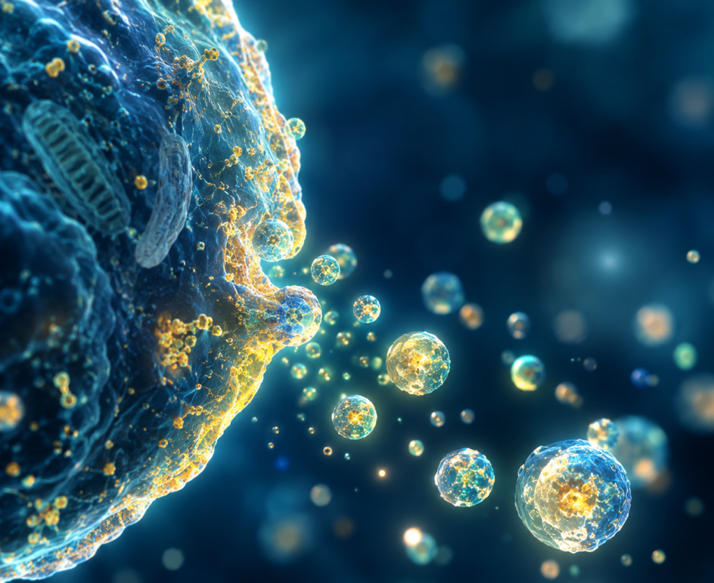 A scientifically detailed 3D illustration of a cell membrane releasing glowing extracellular vesicles into a deep blue background, representing the biological mechanism of exosome therapy available in Bangkok in 2026.