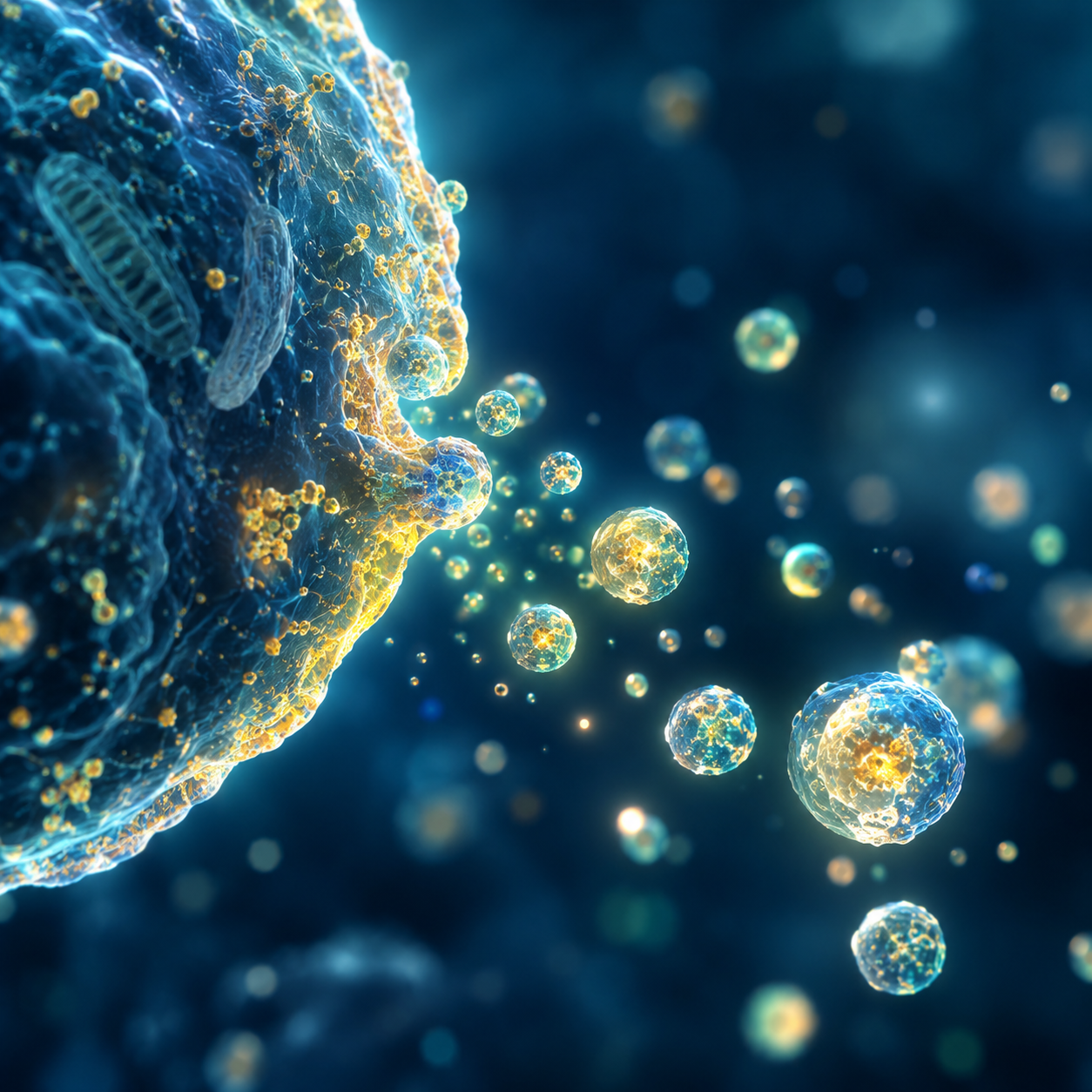 A scientifically detailed 3D illustration of a cell membrane releasing glowing extracellular vesicles into a deep blue background, representing the biological mechanism of exosome therapy available in Bangkok in 2026.