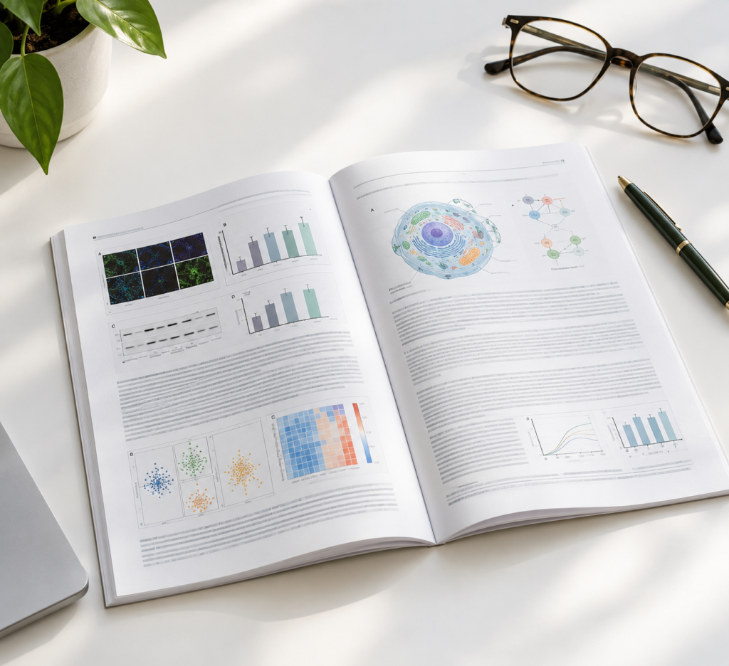 An open peer-reviewed scientific journal featuring cell biology diagrams, data charts, and research findings on a white desk beside reading glasses, a pen, and a laptop, representing the evidence base behind peptide therapy in Bangkok in 2026.