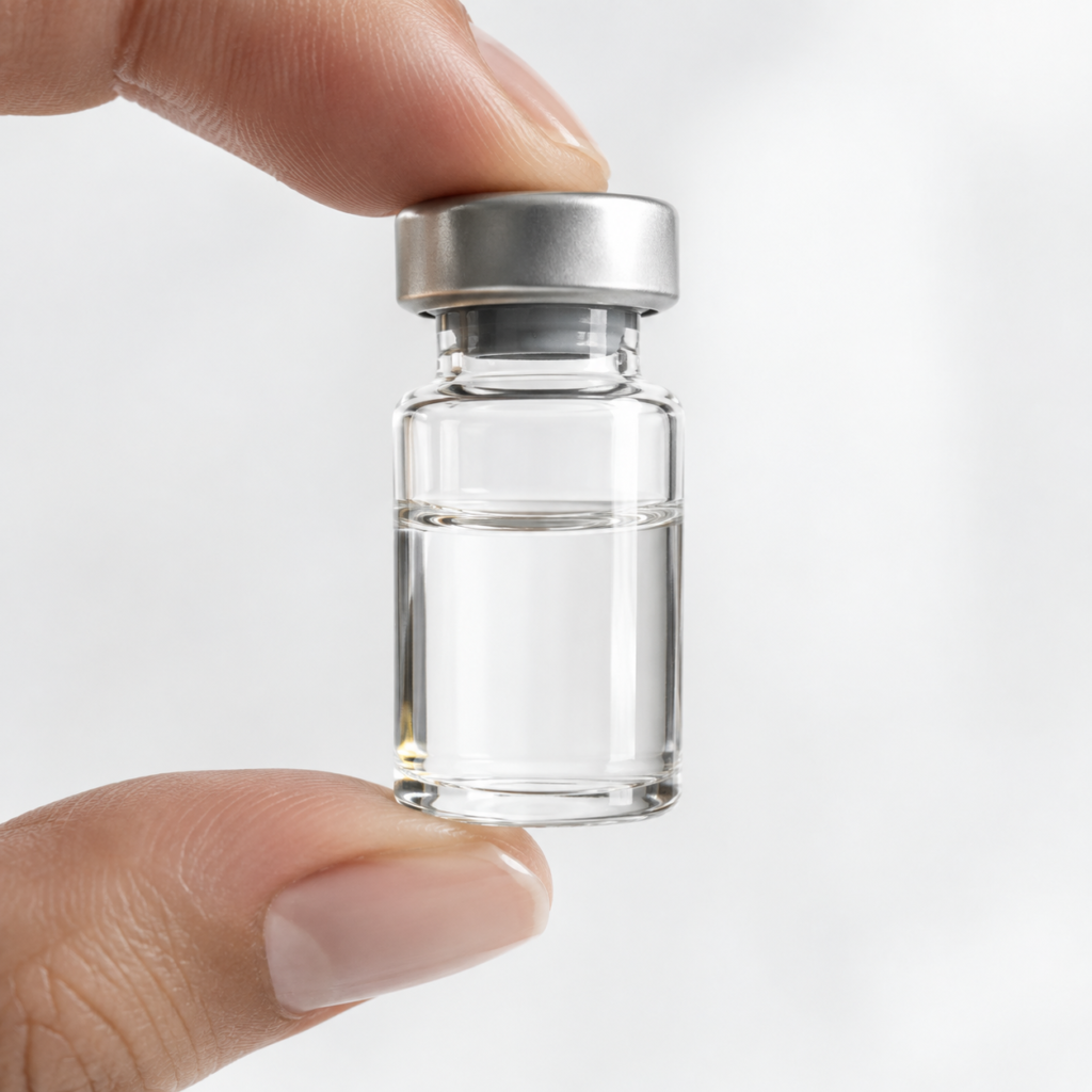 A hand holding a single clear glass pharmaceutical vial with a silver cap against a white background, representing the pharmaceutical-grade compounds used in physician-supervised peptide therapy Bangkok protocols in 2026.